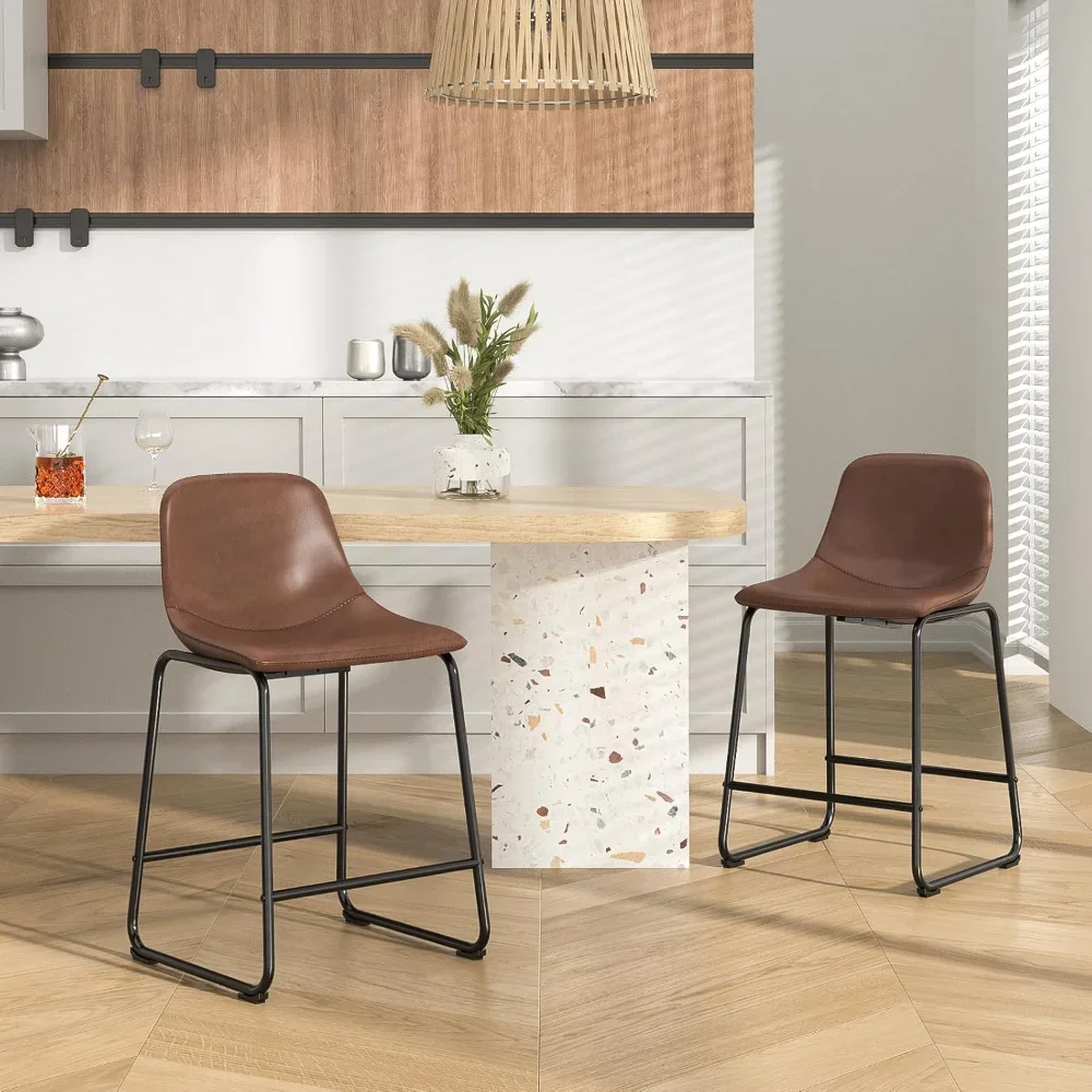 Pu Faux Leather Bar Stools Set of 2, Industrial Pub Barstools with Back and Footrest, Modern Armless Bar Height Stool Chairs