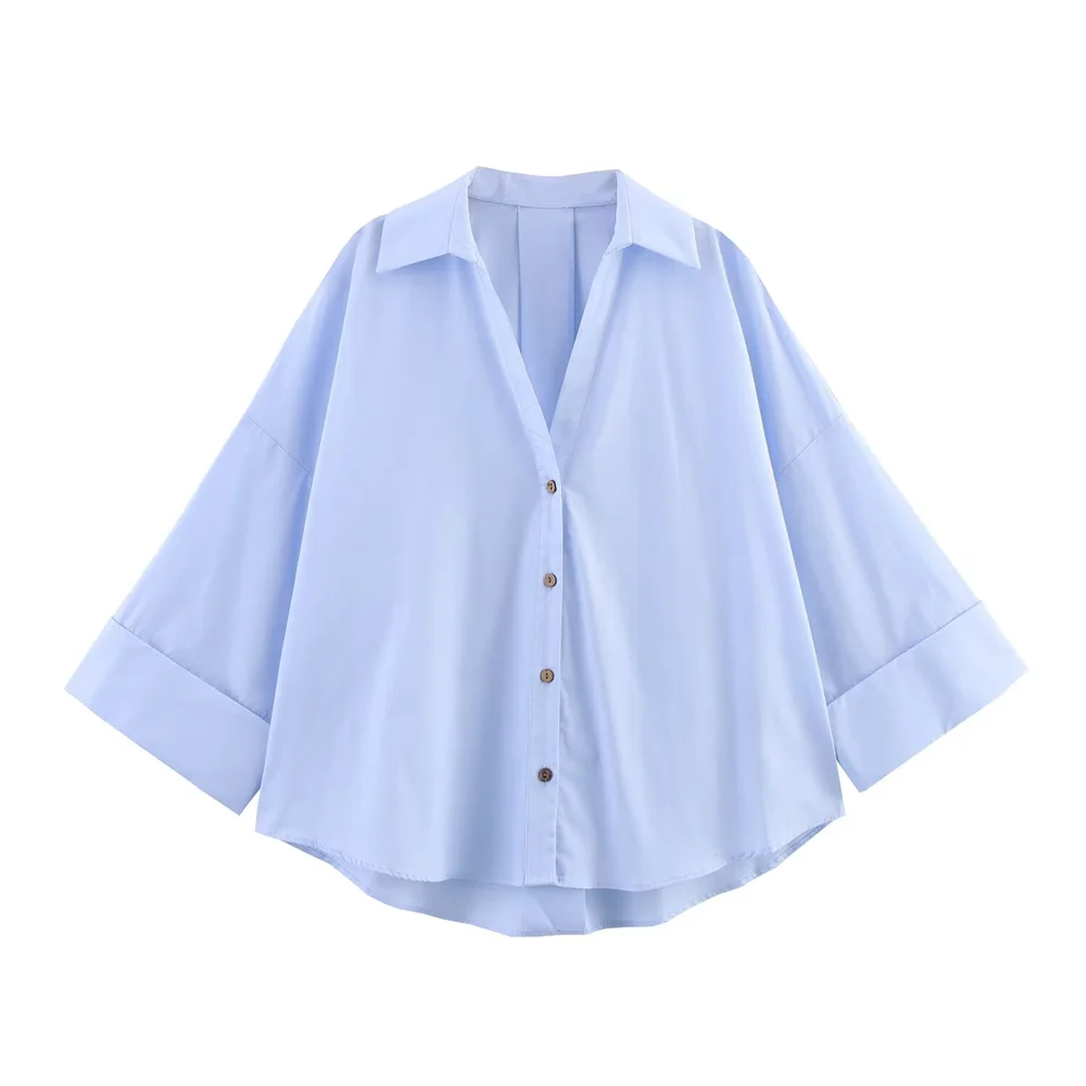 2025 Camisa feminina azul claro com botão grande – com mangas enroladas e decote em V para um visual casual e chique