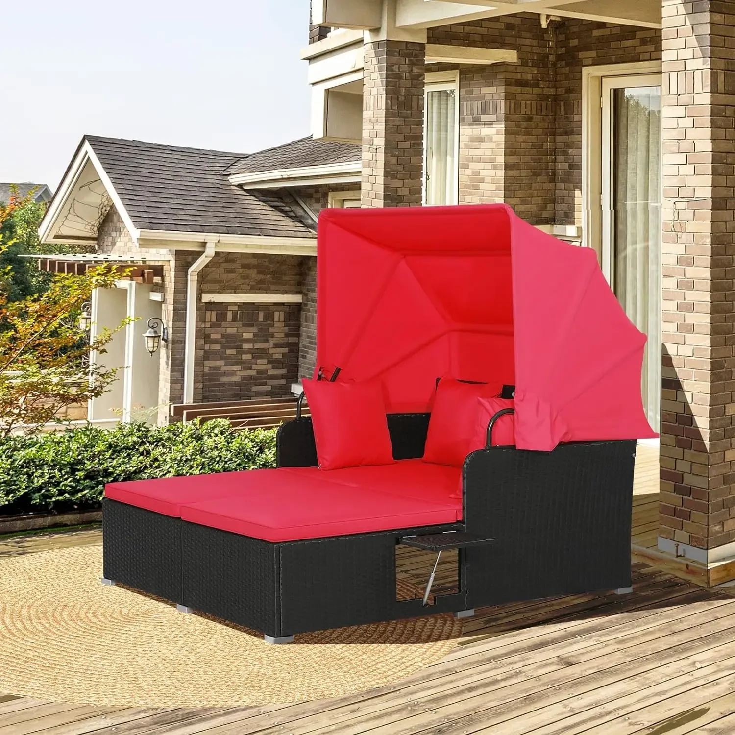 Outdoor Hand-Woven PE Wicker Daybed Patio Loveseat Sofa Set with Retractable Canopy & 2 Side Tables, Outdoor Sun Lounger