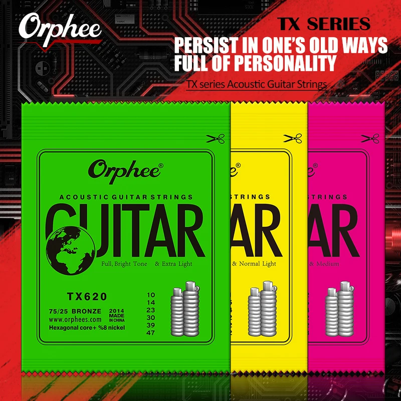 Orphee Acoustic Guitar String 6Pcs/Set Hexagonal Core Full Bright Tone Folk Guitar String TX620 TX630 TX640 Guitar Accessories