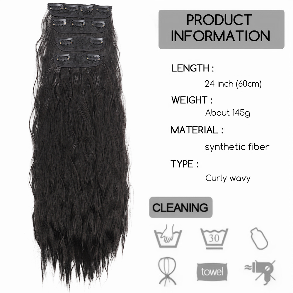 女性用クリップ付きヘアエクステンション,黒,マーメイドスタイル,人工毛,波状,24インチ,4個