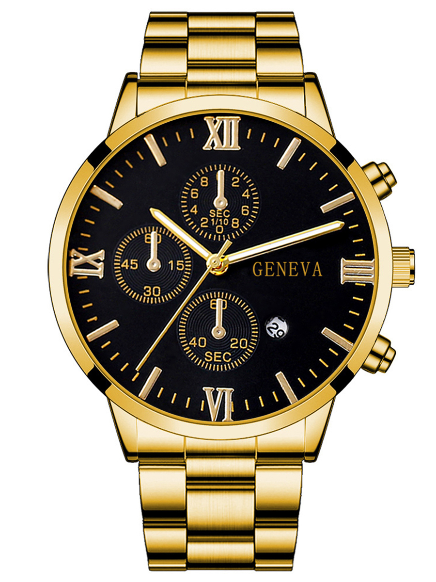 4 peças liga de ouro romana com calendário relógio de quartzo masculino e colar de cruz pulseira conjunto de anel presente selecionado