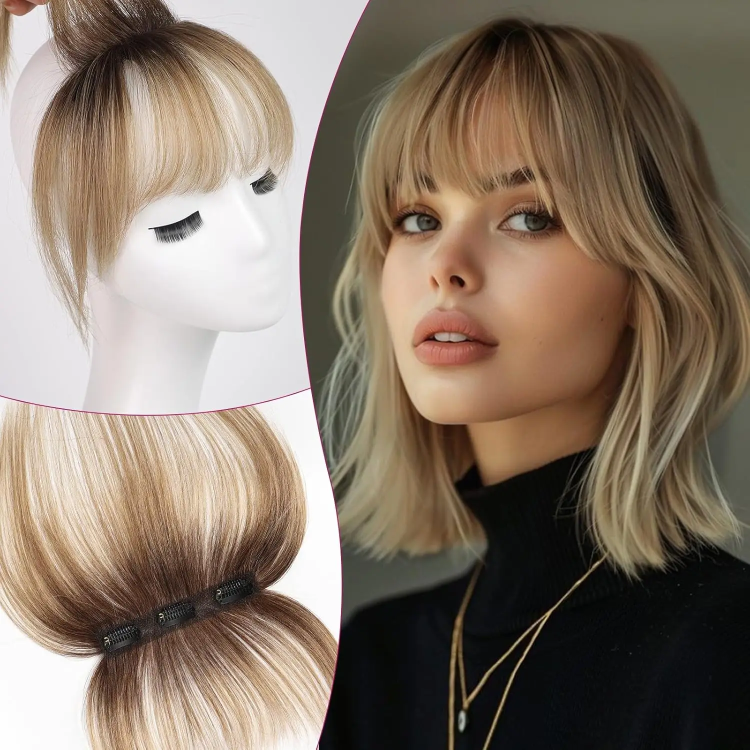 Ombre marrom a loiro clipe em franja 100% cabelo humano real franja fina peças de cabelo 3 clipes seguros em franja completa franja falsa