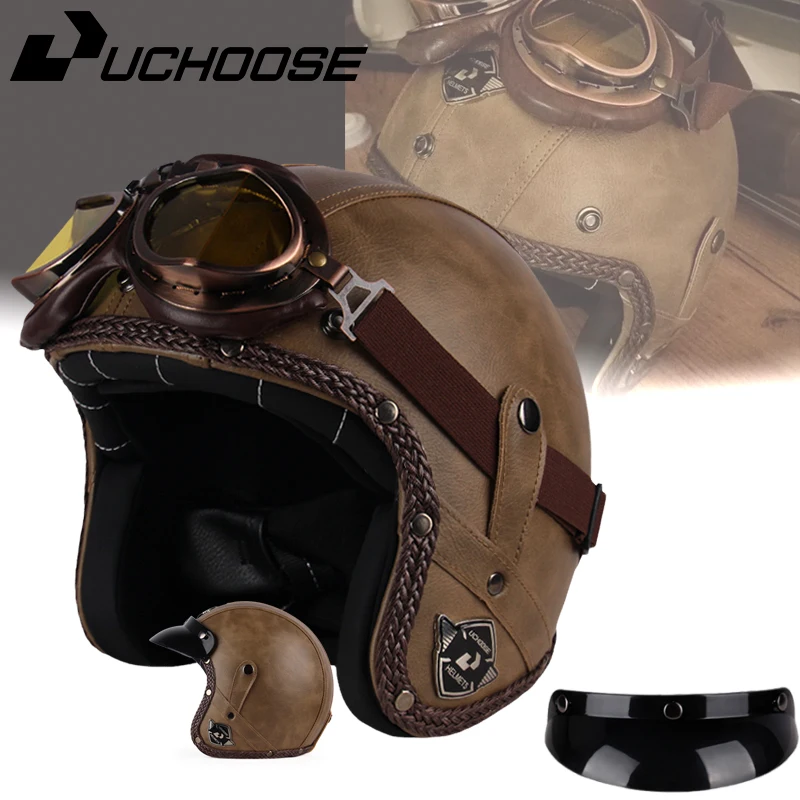 Uch選択-レトロモーターサイクルヘルメット、PUレザー、オープンフェイス、3/4チョッパー、自転車用ヘルメット、クラシック、ヴィンテージ