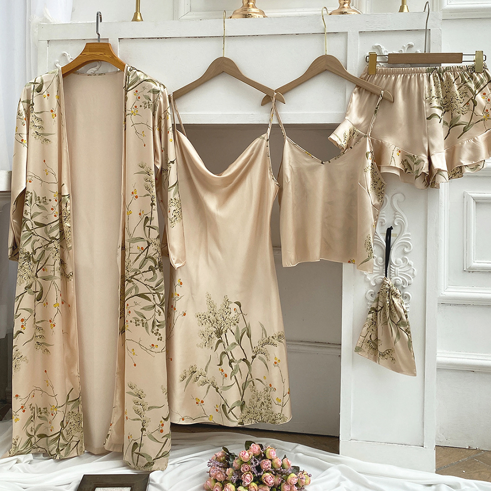Elegante Druck Blume 4PCS Pyjamas Set Frauen Casual Kimono Bademantel Kleid Sexy Seidige Rayon Nachtwäsche Nachthemd Lose Hause Kleidung