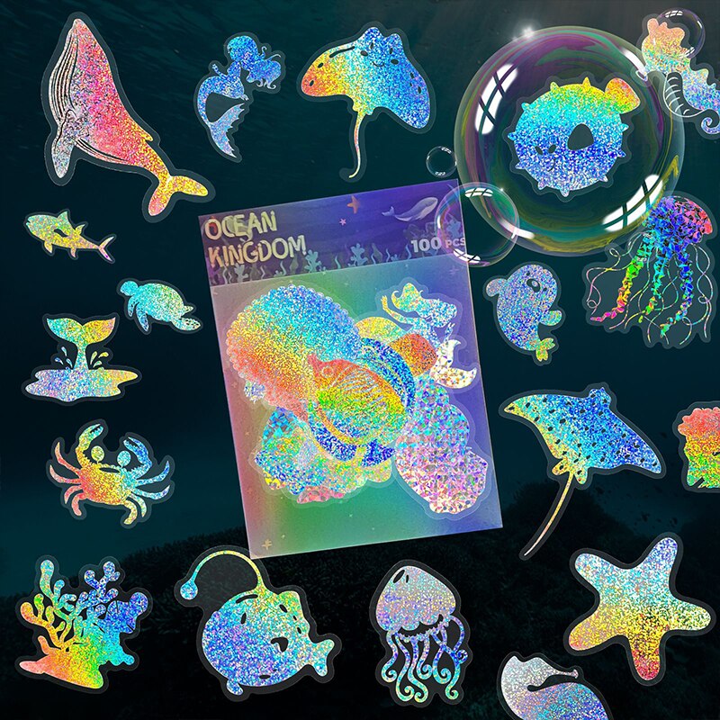 100pcs Magic PET Laser Flash Stickers  World Butterfly Blooming Camellia Flowers Creative Retro Transparent Waterproof Stickers
