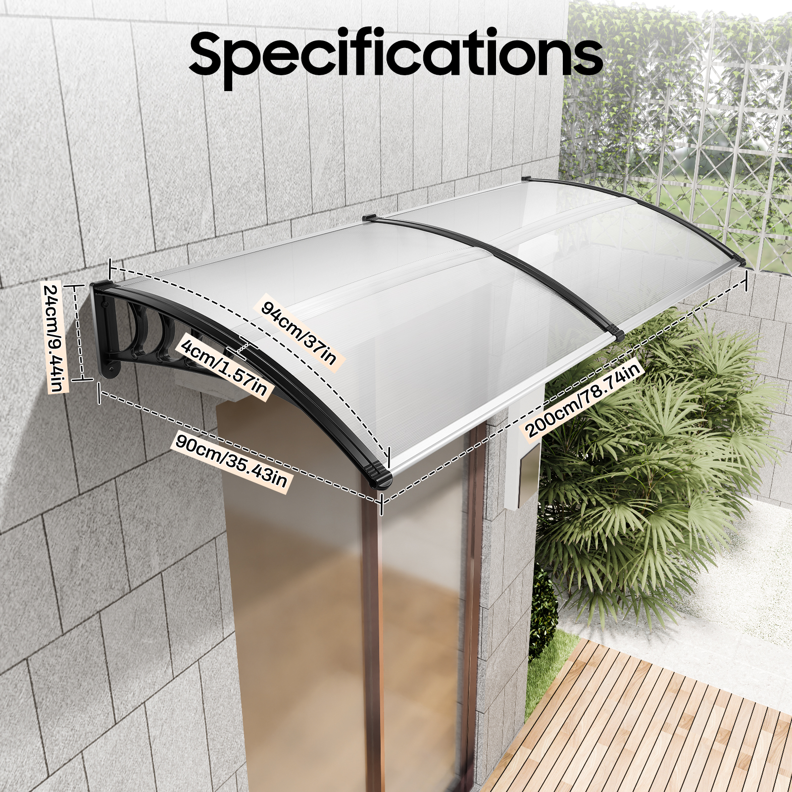 Vordertürüberdachung, 200 x 90 cm Vordertürüberdachung, aus Aluminium und Polycarbonat, transparentes gewölbtes Vordach, grau