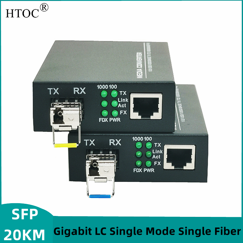 HTOC Gigabit SFP na RJ45 światłowodowy konwerter nośny LC jednomodowy jednowłóknowy nadajnik-odbiornik 10/100/1000M 20KM czarny 1 para