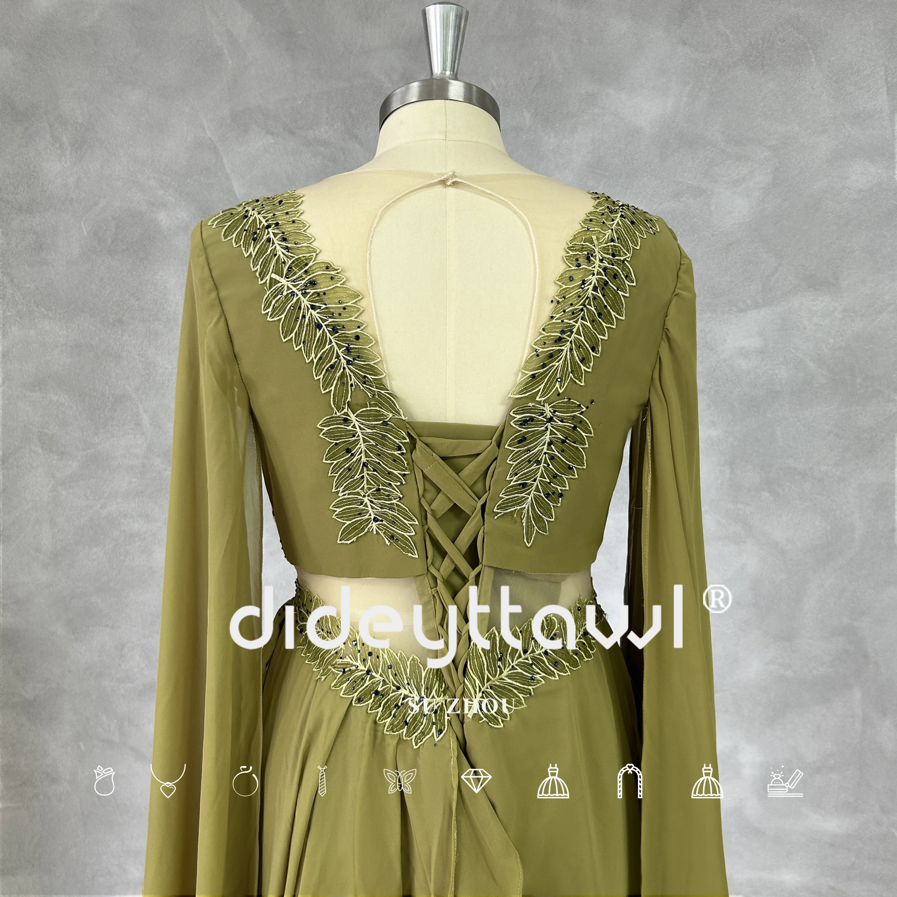 DIDEYTTAWL 브이넥 컷 아웃 긴팔 무도회 원피스, 실제 사진, 에라스 투어 리프 아플리케, A 라인 티어 레이스업 백 이브닝 가운