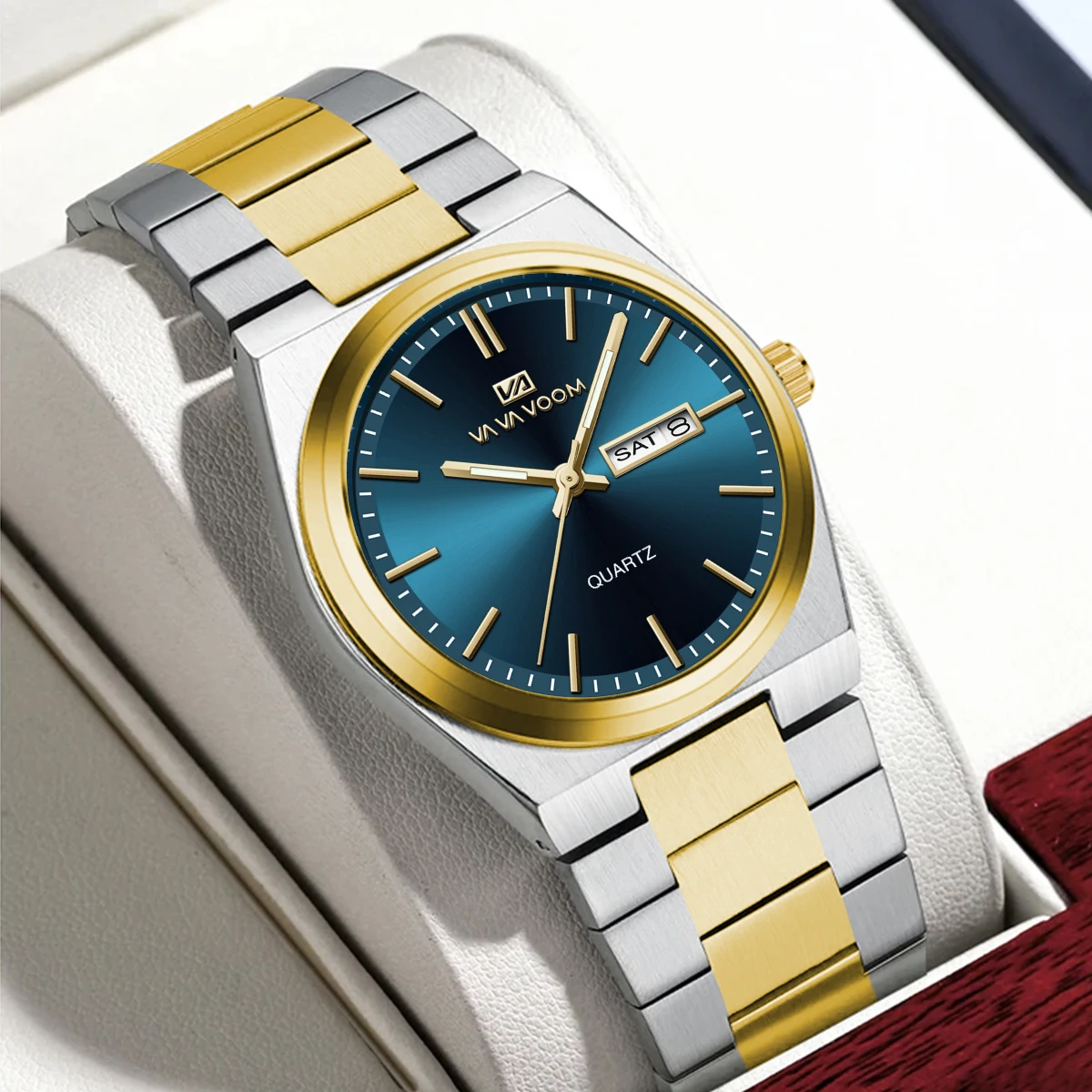 2024 neue Original Herrenuhr 40mm Luxus Blau Gold Zifferblatt Mode Edelstahlarmband Nachtlicht Dual Kalender Quarz Herrenuhr