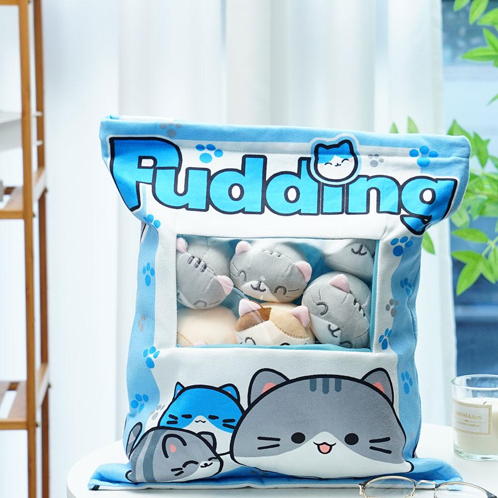 Simpatico cuscino per snack per gatti, sacchetto per budino, giocattolo per alimenti, mini palline di animali, borsa per snack con cerniera per gatti gialli, cuscino per cuscino decorativo per ragazze