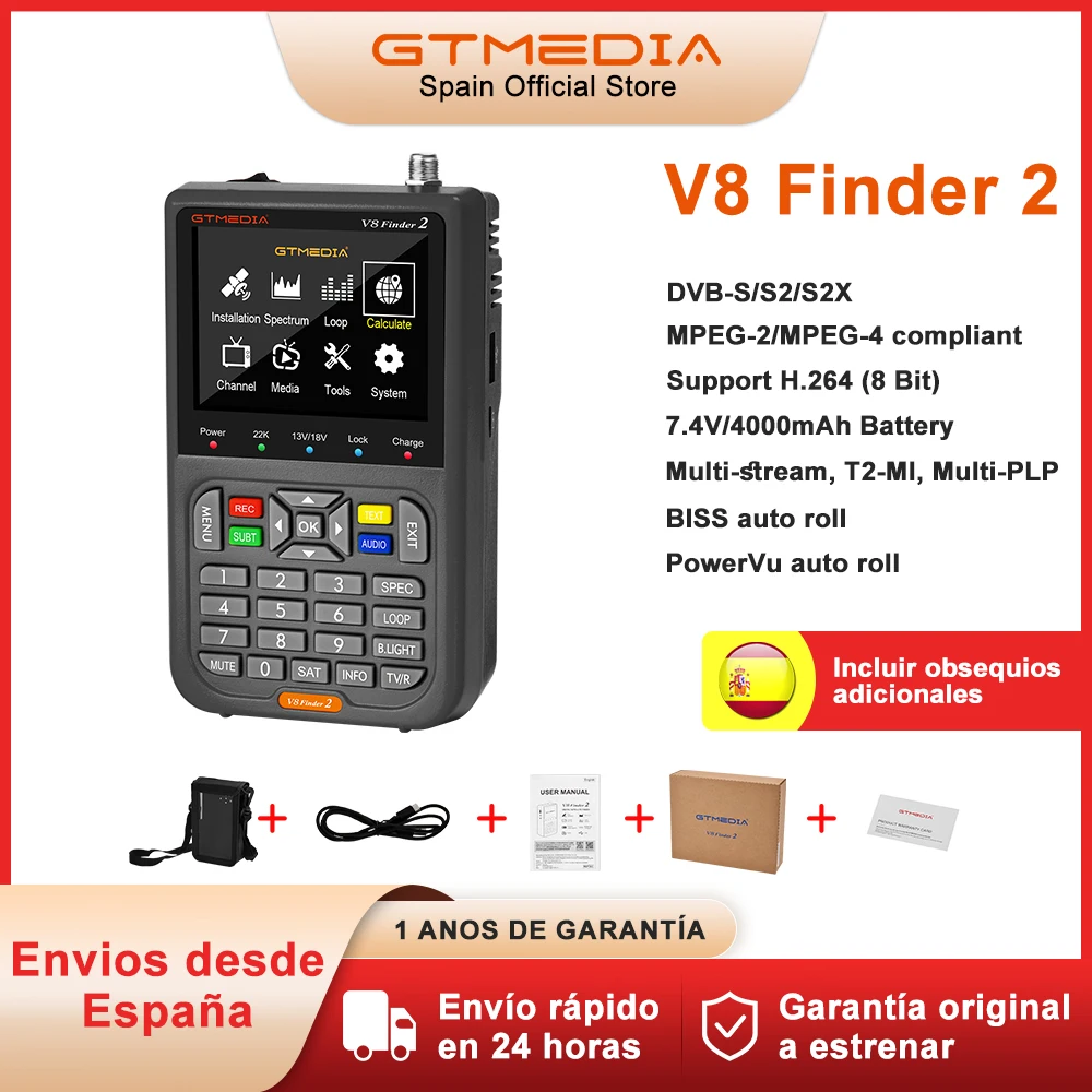 GTMEDIA V8 Finder 2 Buscador de satélite DVB S/S2/S2X 1080P Receptor de señal de TV Soporte decodificador satinado CCM, VCM, ACM, multistream, T2-MI