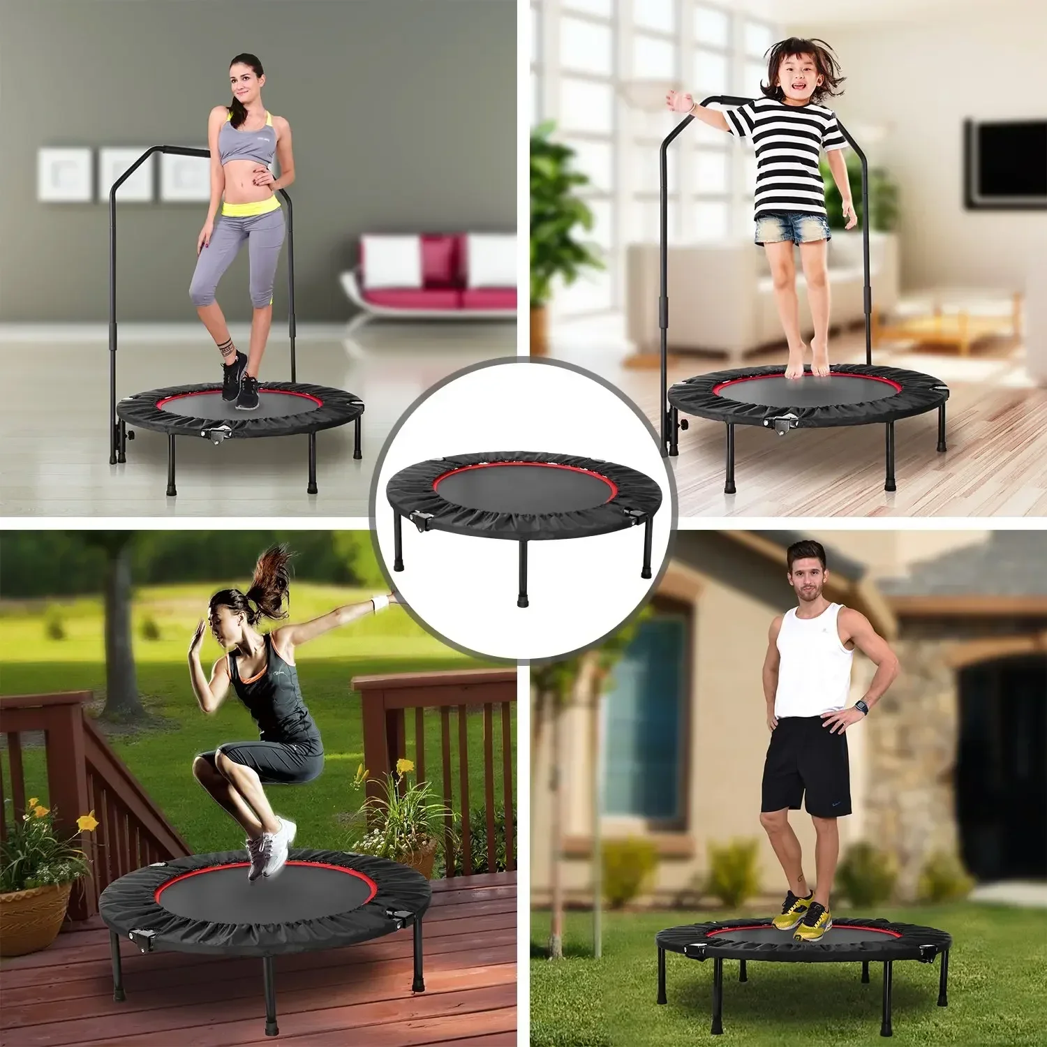 Trampoline Folding Mini Fitness Indoor Exercise Workout Rebounder 101cm with Adjustable Handle, Workout Max Load 150Kg
