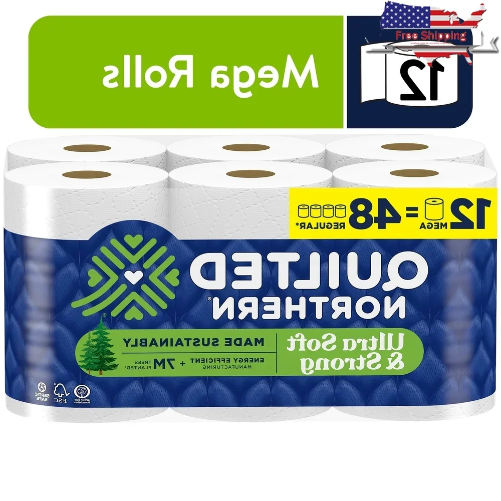 Ultra Soft Strong Toilet Paper 12 Mega Rolls 2 Ply Sustainable 5X Strong Absorbent Reliable Septic Safe Eco-Friendly