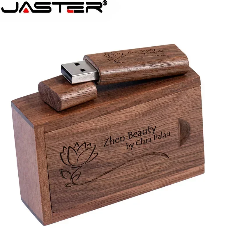 JASTER Logotipo personalizado gratuito Unidades flash USB 2.0 de madera Bambú con caja Memory stick 16GB Pen Drive 32GB 64GB Regalo de boda USB stick