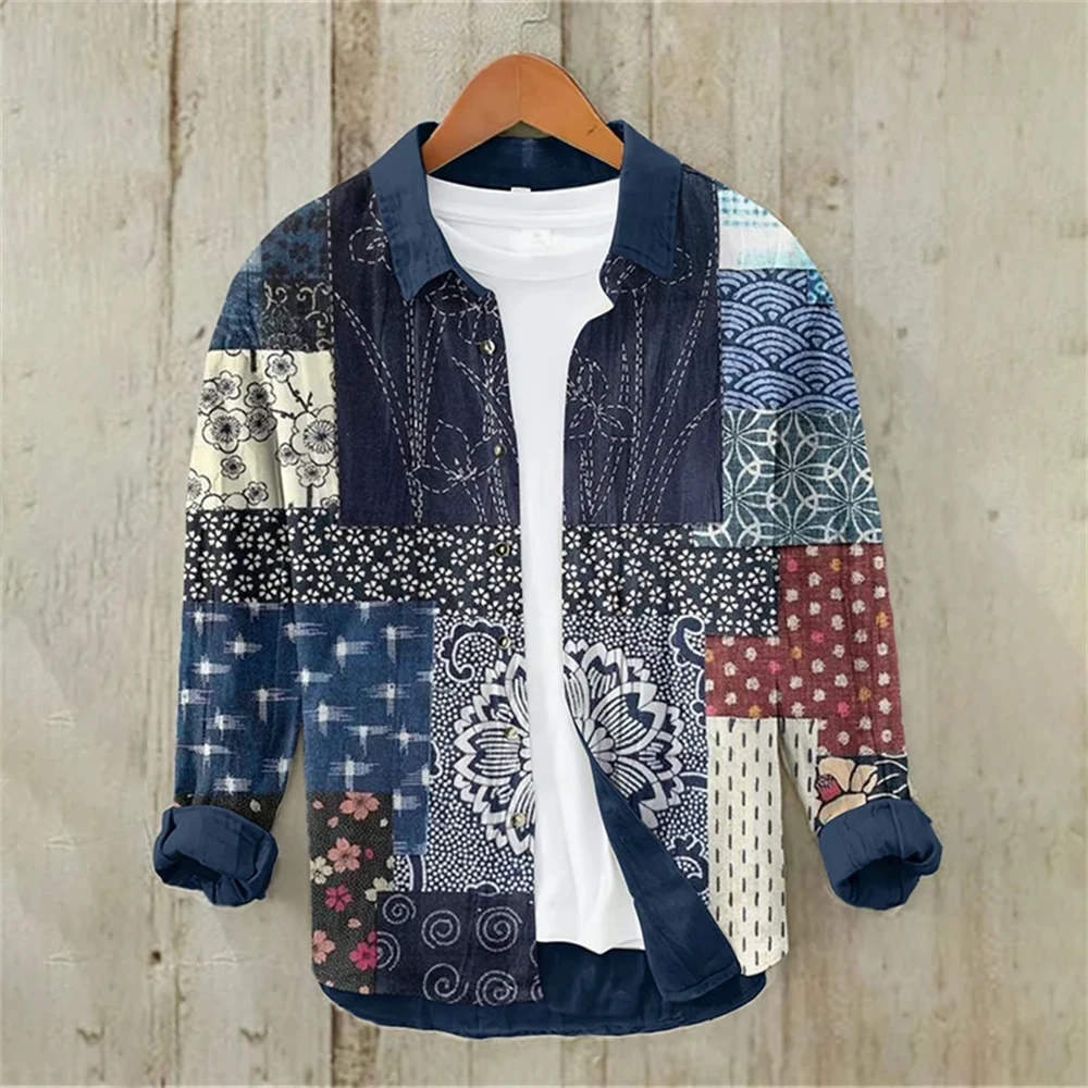 Camisa de manga larga para hombre, camisa de lino, ilustración de flor de ciruelo Vintage japonesa, ropa informal holgada de alta calidad para hombre