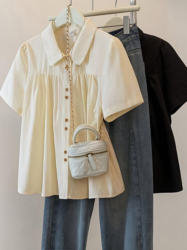 Csa Fena Plus Size de Manga Curta para o Verão, Estilo Slimming que Disfarça o Corpo, Simples e Solta, Gola  em Co...