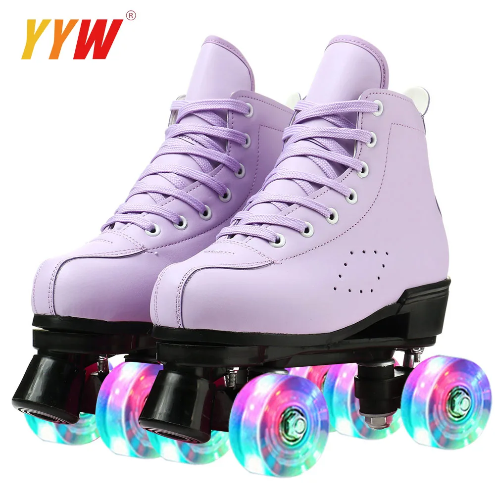 Frauen Weiß PU Leder Rollschuhe Skating Schuhe Schiebe Inline Quad Skates Turnschuhe Ausbildung Europa Größe 4 Räder Flash-Rad
