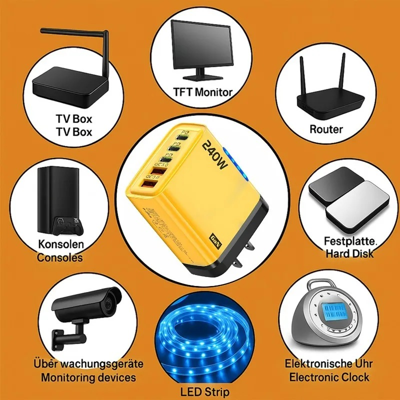 5 in 1 GaN Desktop Charger 240W Fast Charging Adapter 10A USB To TypeC Cable 3PD 2 SB Charger for IPhone 16 15pro Laptop Samsung