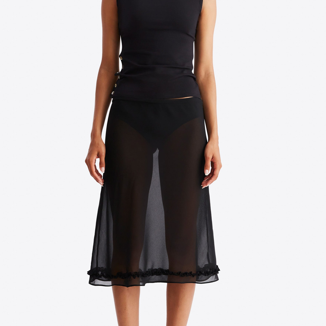 Y2k Fairy Coquette Faldas Vestido Falda midi para mujer Ver a través de tiro bajo Dobladillo con volantes Patrón de puntos Falda transparente de malla blanca y negra
