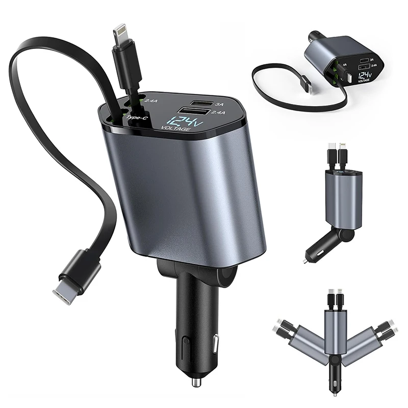 Cargador retráctil 4 en 1 para coche, dispositivo de carga superrápida de 120W, puertos USB PD para iPhone, Samsung, Huawei y Xiaomi