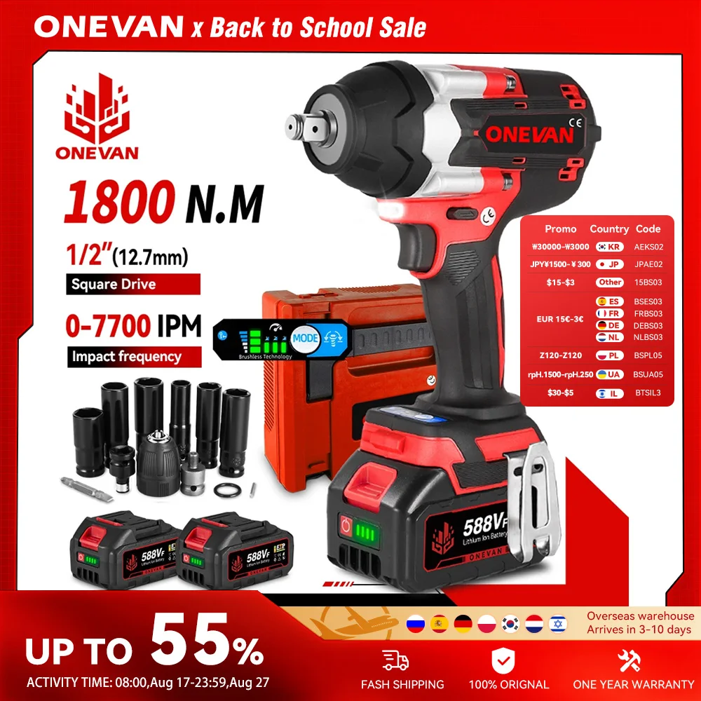ONEVAN 1800N.M Brushless Electric Impact Wrench 1/2 Inch Lithium-Ion Battery Cordless Power Tool For Makita 18V Battery Pin