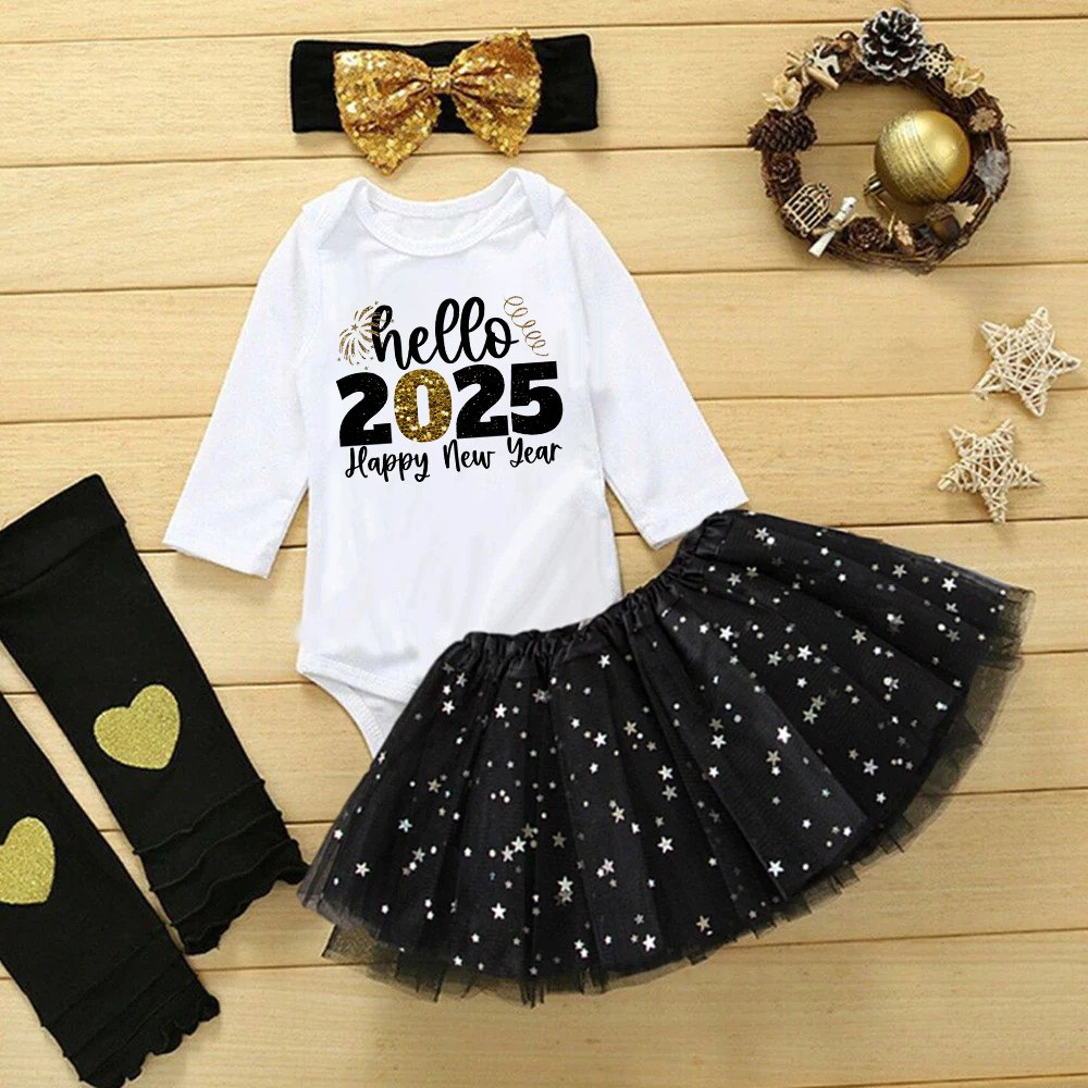 2-delige Hello 2025 print baby meisjes romperjurk set gelukkig nieuwjaar meisje bodysuit met lange mouwen tutu rok babyjurken outfit