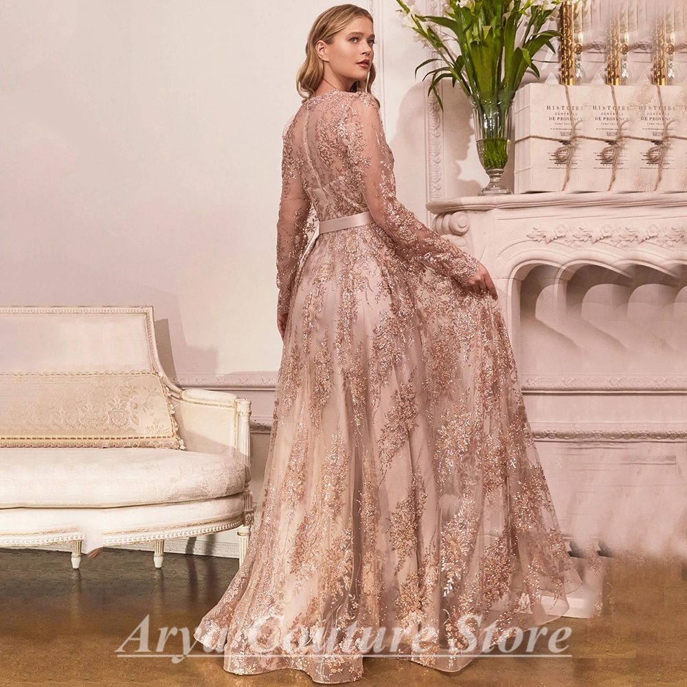 Elegante Rose Gold Mutter der Braut Kleider Bogen Gürtel V-ausschnitt Illusion Langarm A-Line und Bodenlangen Bankett Mom kleider