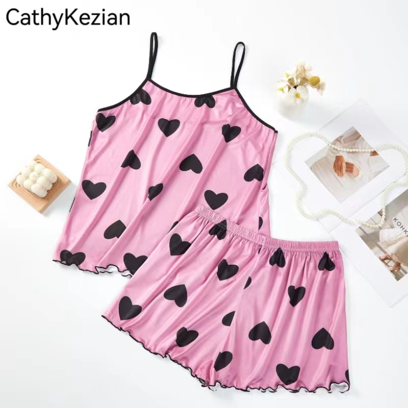 Pijamas de mujer, ropa de dormir, conjunto de pijama, camisola, pantalones cortos, rosa, S, M, L, estampado de corazón, cuello redondo, camisola, Top, seda helada, cómodo, informal, verano