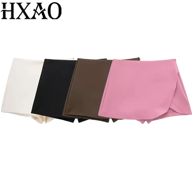 HXAO Women's Skirt Shorts 2024 Autumn Ladies Fashion Casual High Waist Elegant Beige Black Brown Pink Zip Up Skirt Pants Female