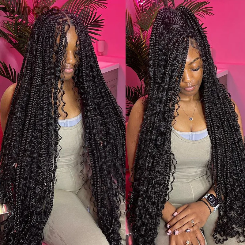 ยาว 32 Bohoถักเต็มลูกไม้ด้านหน้าวิกผมสังเคราะห์สีบลอนด์หยิกเทพธิดาLocs CornrowsวิกผมPre Pluckedผมเด็กกล่องBraidsวิกผม