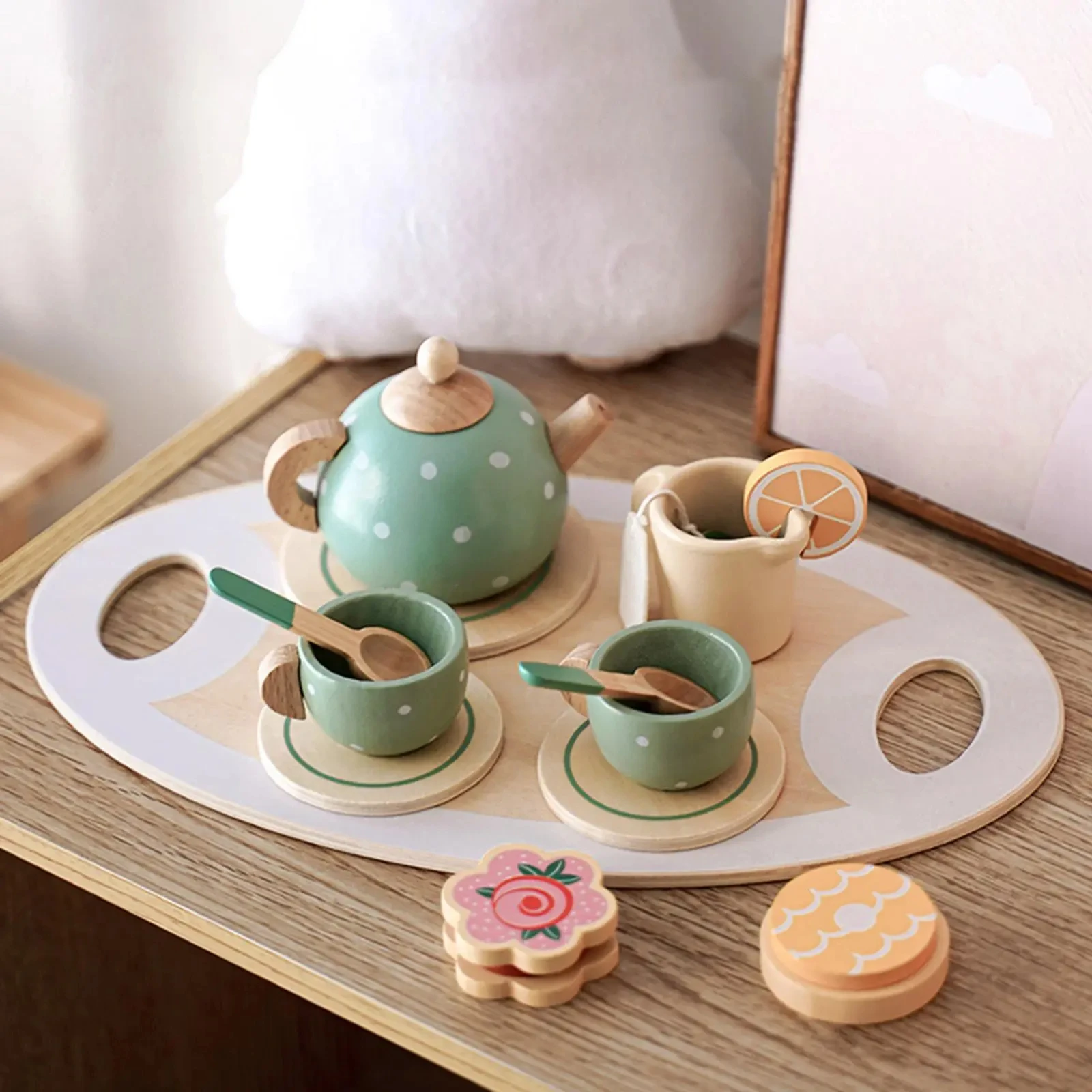 เด็ก Tea Party Tableware ไม้หัตถกรรมของเล่น Pretend Play ชุดสําหรับเด็กวัยหัดเดินของขวัญวันเกิดโปรดปรานของเล่นของขวัญ