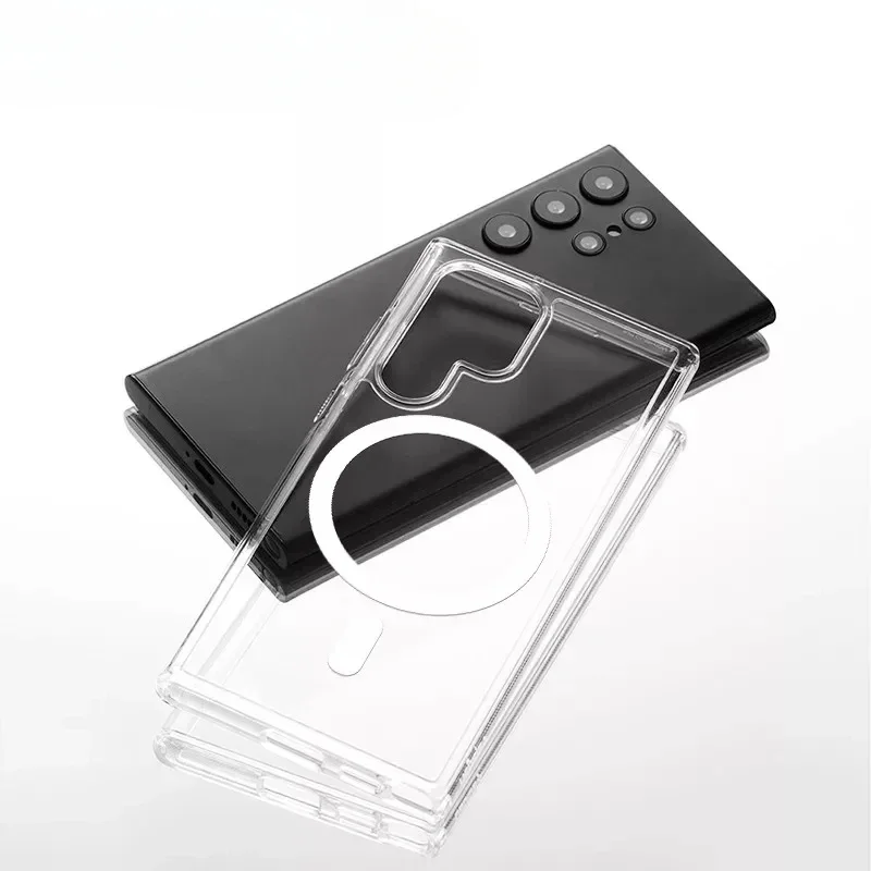 Magsafe 충격 방지 전화 케이스의 경우 삼성 갤럭시 S22 S23 S24 울트라 플러스 뒷면 커버 액세서리에 대한 고급 자기 클리어 케이스