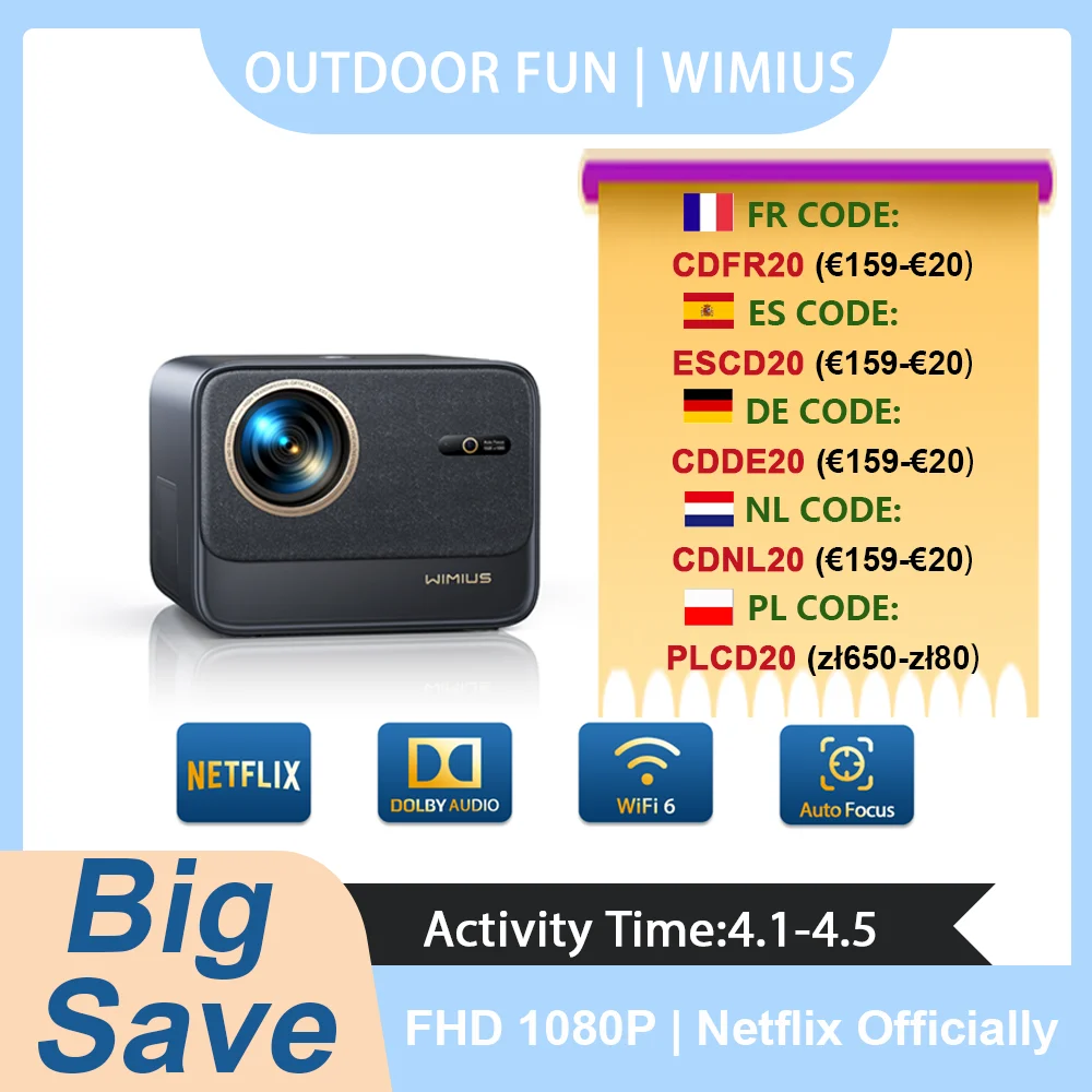 Wimius-Projektor 4K unterstützt 30000 Lumen Autofokus/Keystone Full HD 1080p Native WIFI 6 Bluetooth-Unterstützung Dolby Heimkino
