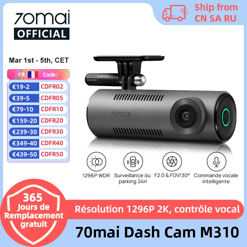 【Nouveau】 70mai Dash Cam M310 1296P Résolution 130 ° FOV Smart Voice Control Support 24H Parking Guard Vision nocturne 70mai M310 Voiture DVR