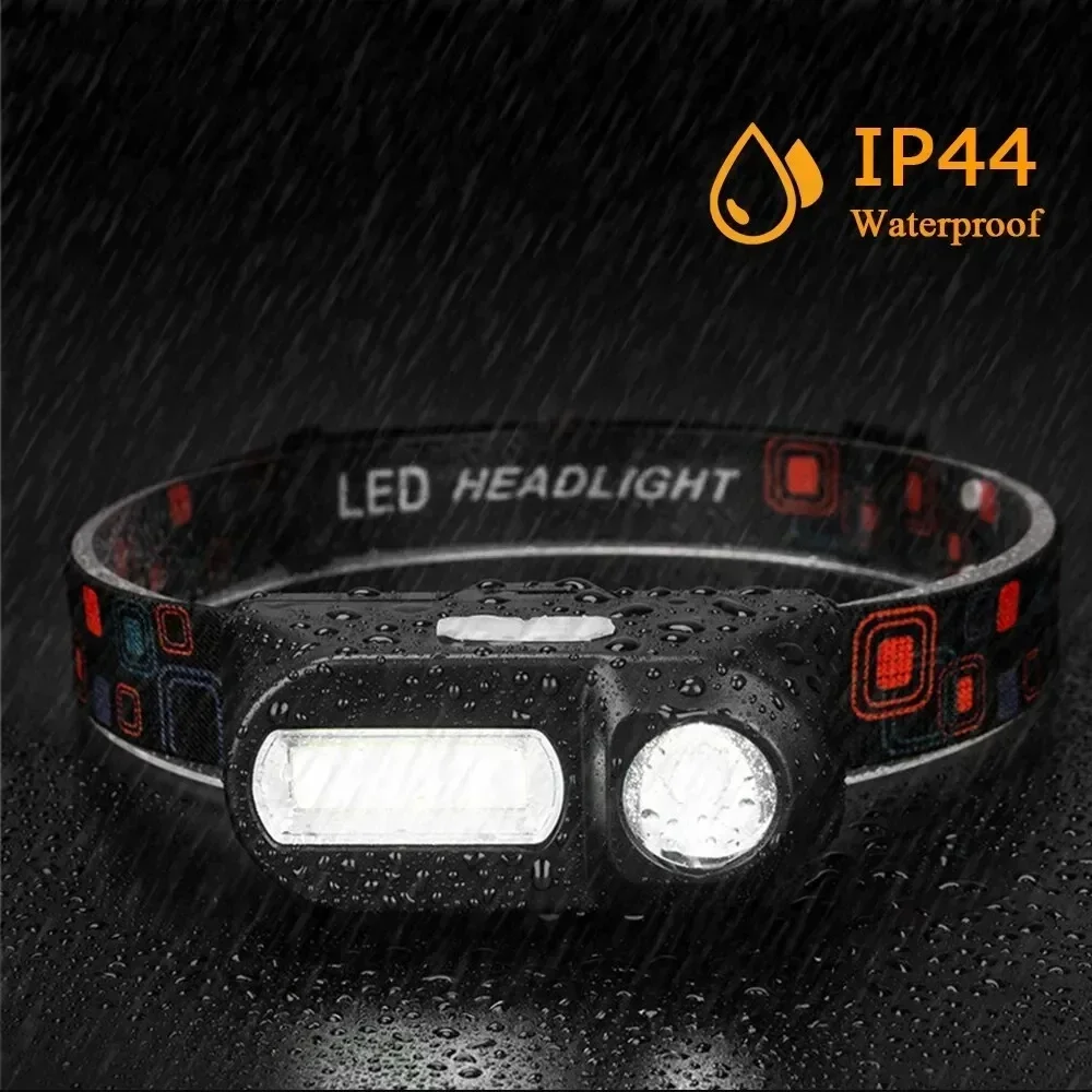 Potente linterna frontal COB + LED 18650 2000MaH, recargable, resistente al agua, linterna de cabeza brillante para acampar y ciclismo