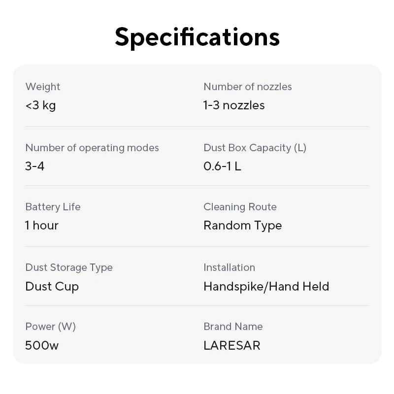 LARESAR V8 48Kpa 500W Cordless Vacuum Cleaner  Car 60 Mins Home Appliance Wireless Removable Battery NEW Brushless motor