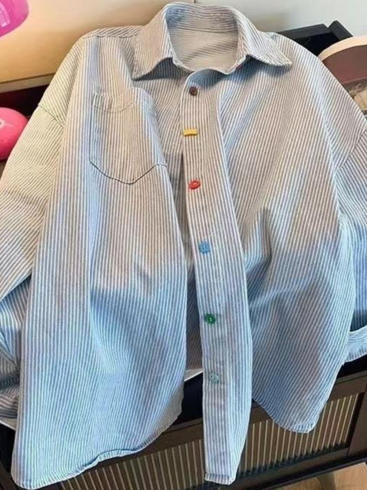 Csa  Fena Oversize Simples em Estilo Retro com Bloco de Cores, Manga Longa, trada em Denim, Top Casual de Negóc...