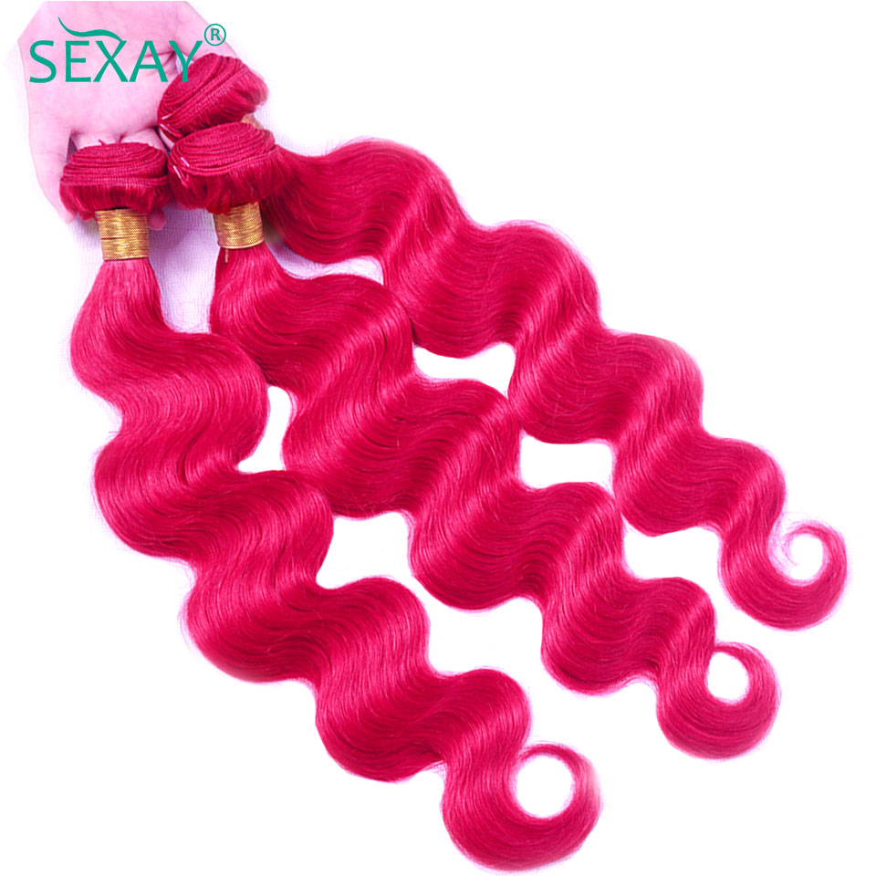 Sexay-クロージャー付きの自然な髪の3つのストリップのセット,28インチ,ブラジルの髪,波状,ピンク,事前に摘み取られた