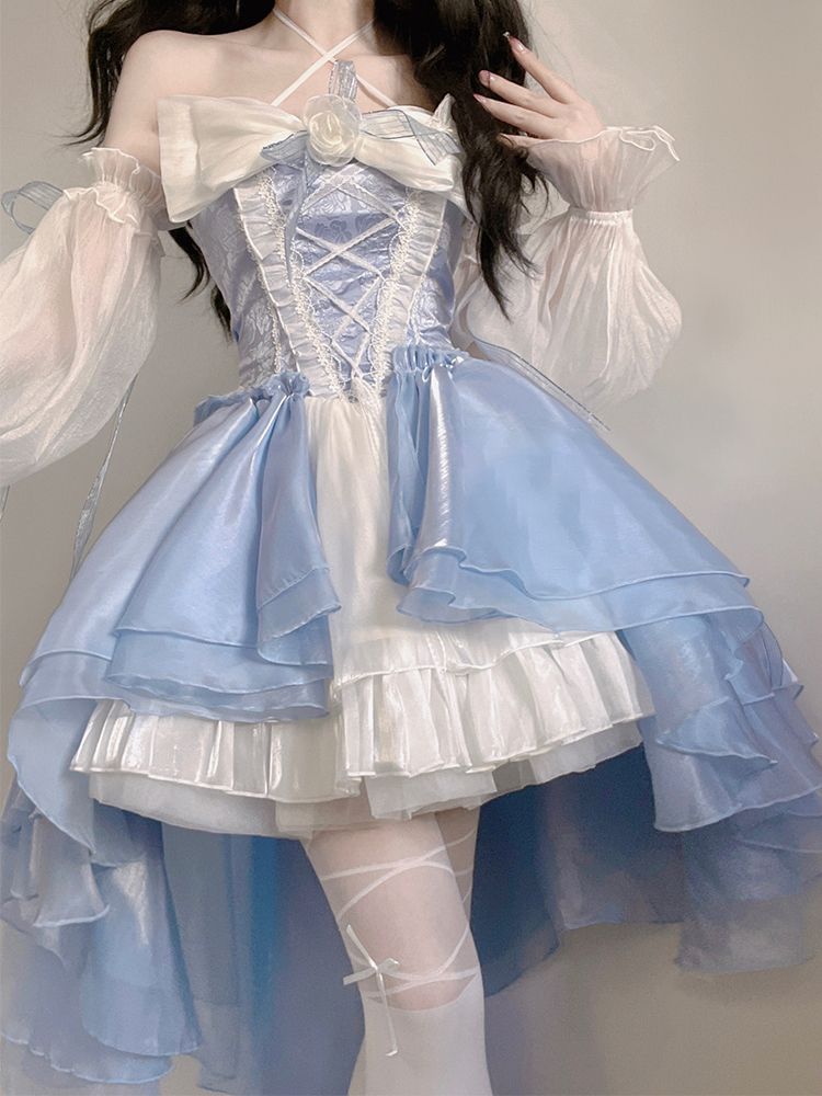 Französisches romantisches Lolita-Kleid Op Elegantes Damen-Cosplay-Prinzessin-Puffärmel-Band-Bogen-Blumen-Tunika-Netz-Fantasie-Feenkleid