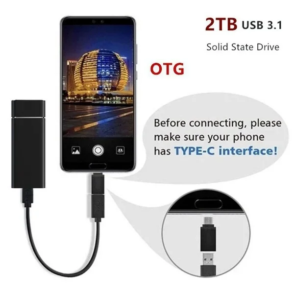 Externe SSD-Festplatte mit hoher Kapazität, 1 TB, Wild USB/Typ-C, tragbares Mini-Hochgeschwindigkeitsgerät für Laptop-Medizin/Telefone