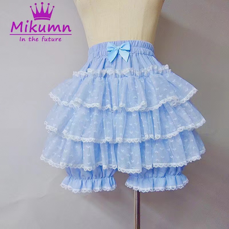 Mikumn Harajuku Kawaii Blue Ruffles Pumpkin Pants Women Cute Lace Bow Lolita Safety Short Pants Vintage Victorian Bloomers