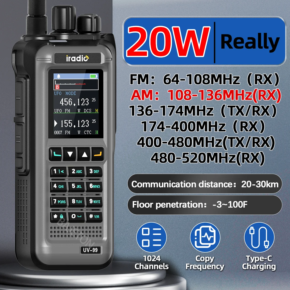 Iradio UV-99 banda aérea 20W Walkie Talkie de largo alcance multibanda Tri potencia 1024CH frecuencia de copia inalámbrica NOAA tipo C Radioaficionado
