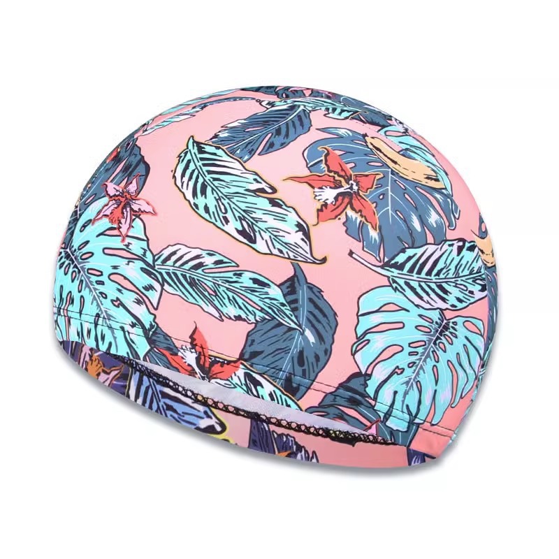 Waterproof Leaf Print Swimming Cap with Ear Protection and Non-Slip Design for Adults - Perfect for Pool, Beach, and Summer Fun