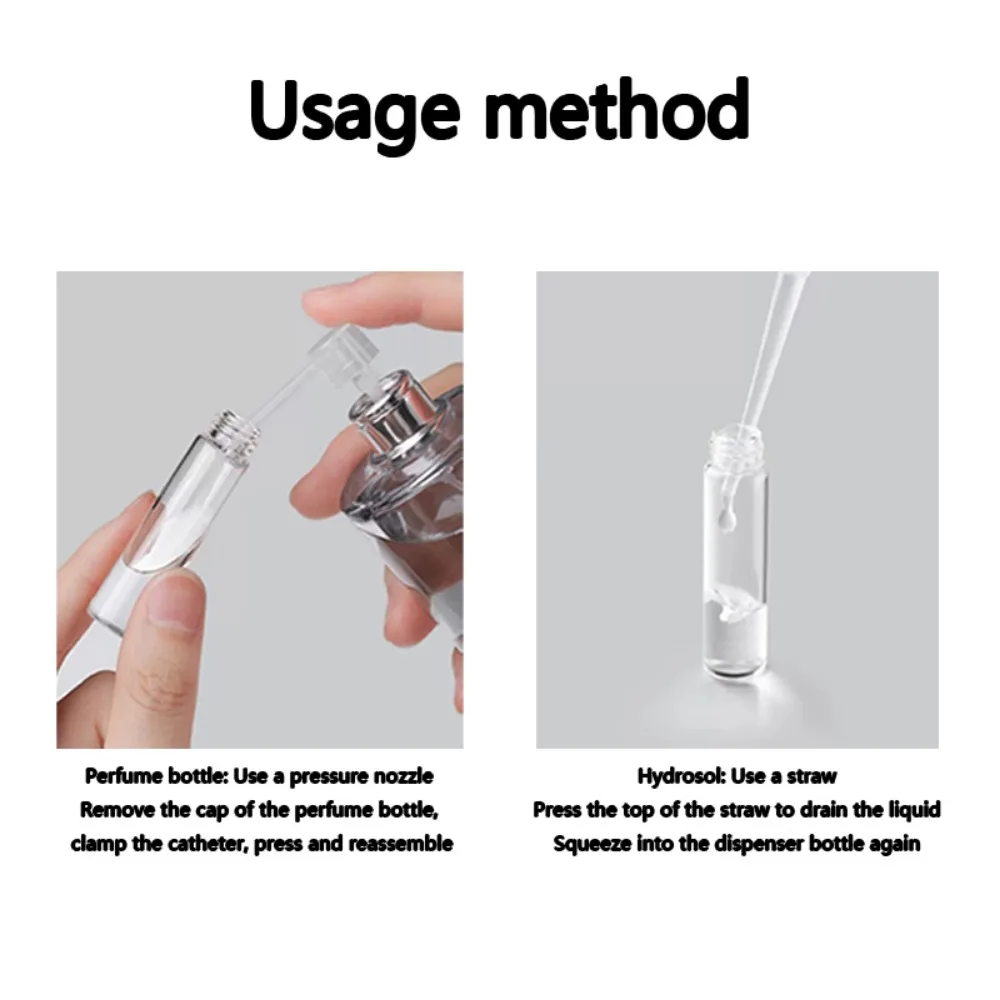 50 Uds + 4 accesorios botella de spray de vidrio recargable de 10ML con 50 botellas de spray, 1 cuentagotas, 1 embudo, 1 dispensador, 1 jeringa