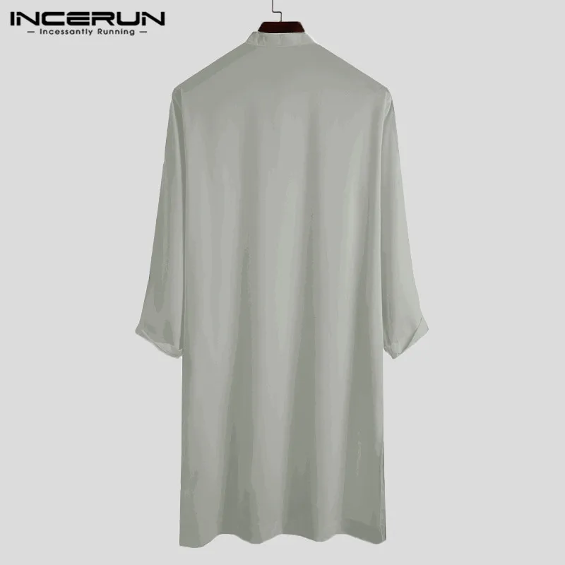Incerun-男性用ムスリムシャツ,長袖,イスラム教徒の襟,無地,ストリートウェアカジュアル,5xl