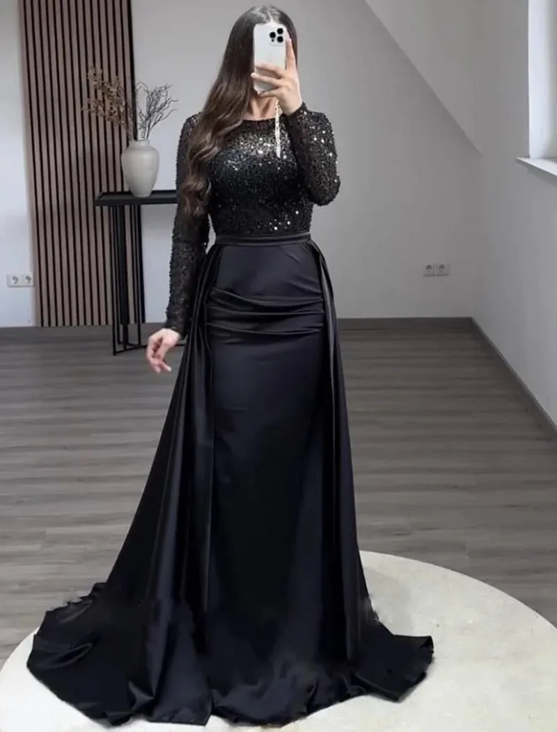 Luxus Pailletten Abend Party Kleid Frauen Mode Langarm Plissee A-linie Formale Prom Kleid Chic O Kragen Kleid Bankett Kleid