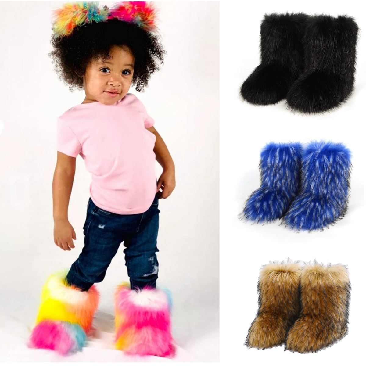 Y2K Kids Boots Winter Shoes New Faux Fur Toddler Girl Boots Fashion Colorful Fur Children Ankle Snow Boots Warm Shoes Girls
