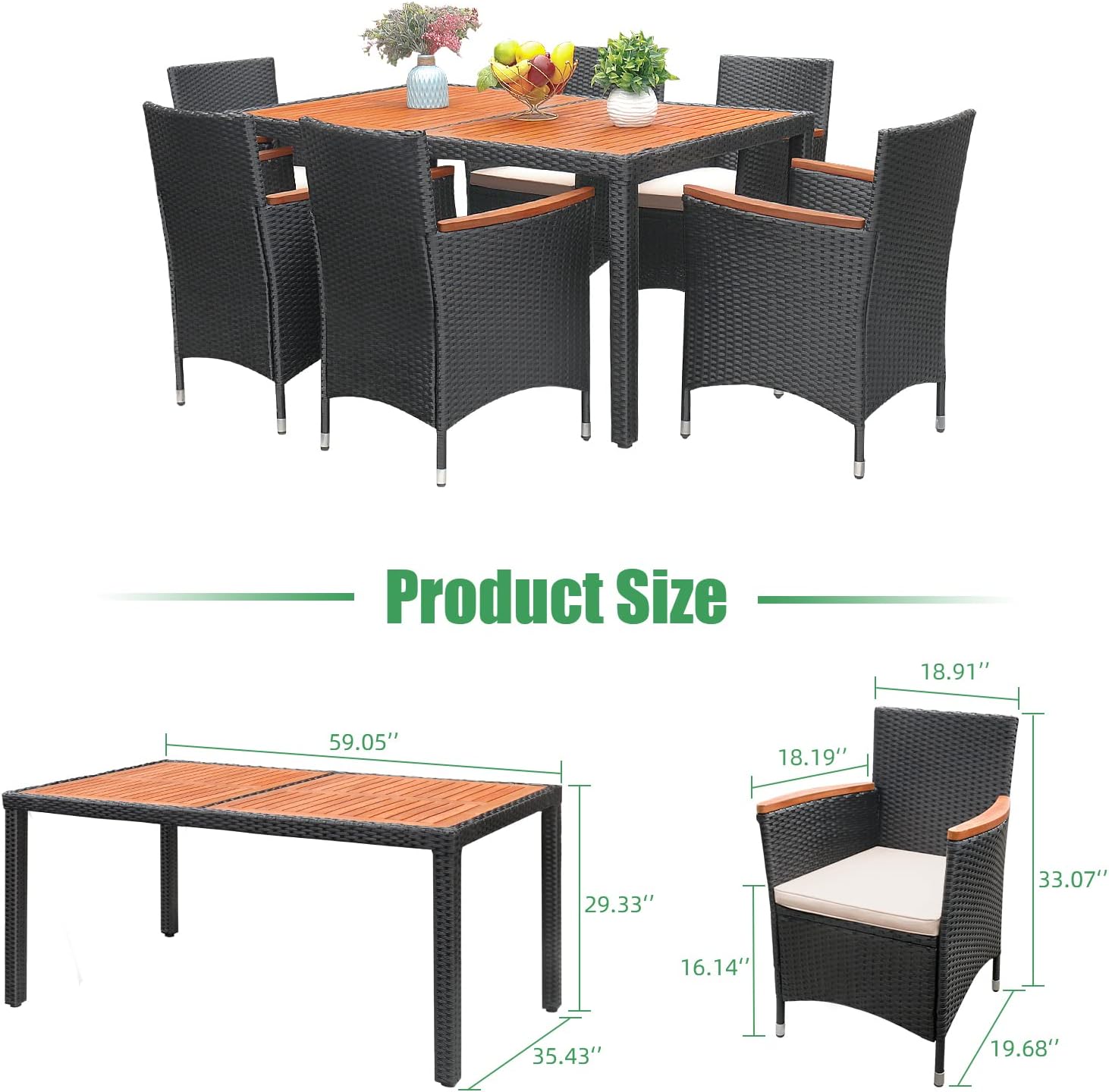7 Piece Patio Dining Set Outdoor Acacia Wood Table and Chairs with Soft Cushions Wicker Patio Furniture for Deck,Backyard,Garden