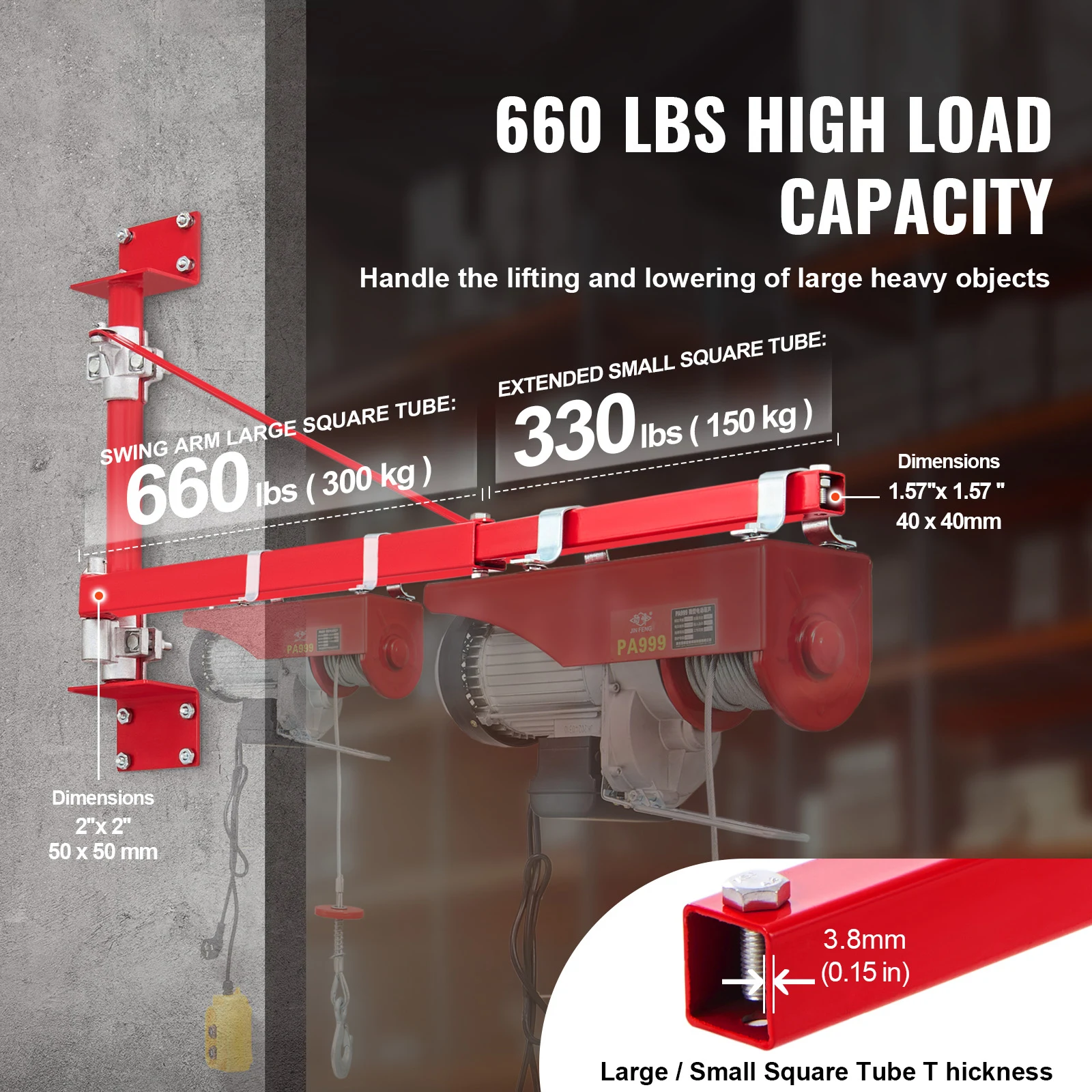 SucceBuy Electric Hoist Support Arm Swing Holder with Pole Steel Hoist Frame 180° Scaffold Winch Lifting Arm for Workshop Garage